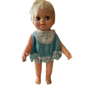 🍼Vintage Mattel 1962 Blonde Tiny Chatty Baby Sister Doll Blue Outfit Collectible